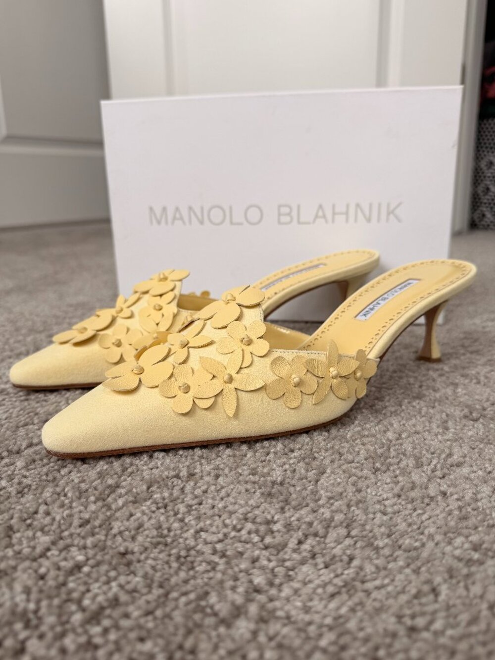BRAND NEW NEVER USED- Manolo Blahnik Yellow Harnes Floral Suede Mule, Size 41 - Picture 4 of 8